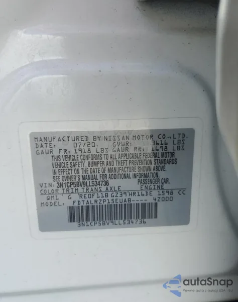 2020 Nissan Kicks S z USA, uszkodzony, nr VIN 3N1CP5BV9LL534736